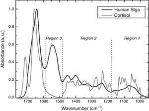 Average Fourier transform infrared spectroscopy spectra of cortisol and human salivary immunoglobulin A (pure substances).