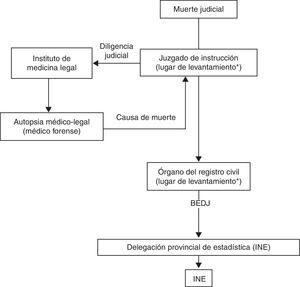 Itinerario que lleva el registro de casos de muerte violenta en España. BEDJ: Boletín Estadístico de Defunción con Intervención Judicial; INE: Instituto Nacional de Estadística. *Correspondiente al municipio donde se encuentra el cadáver.