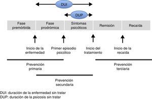 Fases del trastorno psicótico y niveles de prevención.