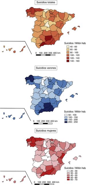Distribución geográfica de los suicidios en las provincias españolas entre los años 2000 y 2012 (se representa la mediana de las tasas anuales normalizadas). En orden descendente: el mapa superior representa los suicidios totales, el mapa del medio corresponde a los suicidios en varones, y el mapa inferior corresponde a los suicidios en mujeres.