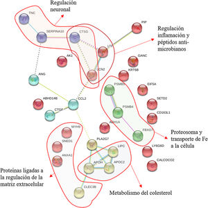 Análisis de interacción de proteínas STRING que describe las redes de nodos significativas que representan las proteínas seleccionadas del programa de actividad física en pacientes crónicos con esquizofrenia.