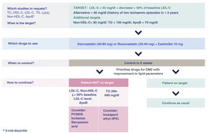 Recommendations for the management of dyslipidaemia in patients with DM2 and CV ischaemic event. #Existing evidence with GLP-1 RA.17 ApoB: apolipoprotein B; HDL-C: HDL cholesterol; LDL-C: LDL cholesterol; TC: total cholesterol; CV: cardiovascular; DM2: type 2 diabetes mellitus; Lp (a): lipoprotein a; Non-HDL-C: non-HDL-cholesterol; TG: triglycerides.24,25