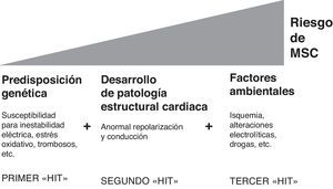 Hipótesis «multi-hit» en el desarrollo de la muerte súbita cardiovascular. Modificado de Tomaselli, 20045.