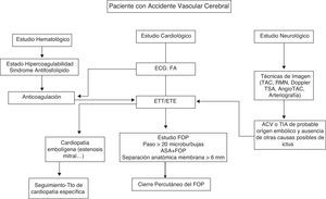 Indicaciones de diagnóstico y tratamiento de los pacientes con accidente vascular cerebral. ASA: aneurisma del septo interauricular; ETE: ecocardiograma transesofágico; ETT: ecocardiograma transtorácico; FA: fibrilación auricular, FOP: foramen oval permeable; RMN: resonancia magnética; TAC: tomografía axial computarizada; Tto: tratamiento.