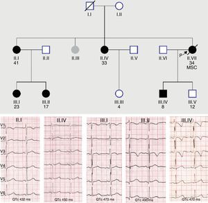 Baja penetrancia en un caso de síndrome de QT largo familiar con mutación en KCNH2. Nótese la diferente expresividad clínica en el ECG, mayor en los miembros de la tercera generación.MSC: muerte súbita cardíaca; los círculos indican mujeres; los cuadrados, varones; en negro, los portadores de la variante.