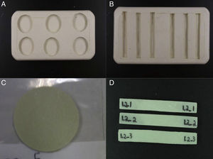 Molds used to prepare the samples of wear (A) and flexion (B). Samples before their testing, once removed from the mold (C and D).