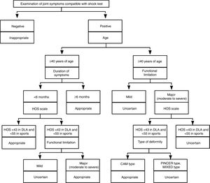 Decision tree for indication of hip arthroscopy in patients with femoroacetabular impingement.