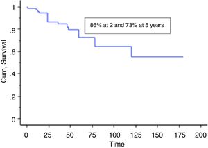 Overall implant survival after revisions: 86% at 2 years (95% CI: 79–94), and 73% at 5 years (95% CI: 60–80).