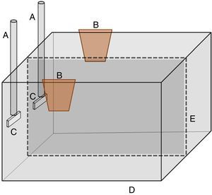Proposed assembly for an experimental tank to study cooperation in fish (D). (C) are the response keys, (A) where the sensors are placed, (E) is a plastic glass partition, and (B) is the feeders.