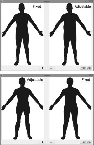 Example of a trial where the waist of a male silhouette has to be reduced and one trial where the thighs of a female silhouette have to be augmented.