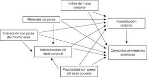 Modelo hipotético de la predicción de la insatisfacción corporal y las conductas alimentarias anómalas.