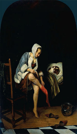 Mujer desvistiéndose (abajo a la derecha un bacín- orinal vidriado). Oleo pintado por Jan Havicksz Steen hacia 1660. Rijksmuseum.