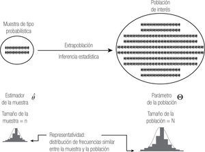 Interrelación entre población y muestra. La representa-tividad de una muestra probabilística permite hacer inferencias estadísticas a la población de interés. Modificado de López-Alva-renga JC, et al.8