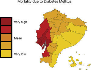 – In Ecuador, mortality caused by diabetes mellitus was higher in the provinces of Guayas, Los Ríos and Manabí, located on the Pacific coast. Map shows the mortality rate due to diabetes mellitus (deaths/100,000 individuals per year, INEC [Instituto Nacional de Estadísticas y Censos National Institute of Statistics and Census of Ecuador] 2011). This figure is part of a figure originally published by Neira-Mosquera et al.6, with minor modifications (authorised reproduction).