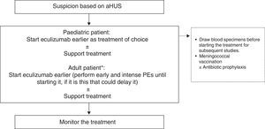 Treatment for atypical haemolytic uraemic syndrome. PE: plasma exchange; aHUS: atypical haemolytic uraemic syndrome. * When the diagnosis of aHUS is unequivocal (positive personal or family history or disease recurrence following renal transplant), Eculizumab should be use earlier as treatment of choice.
