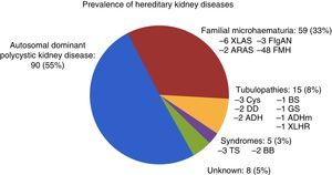 Prevalence of hereditary kidney diseases at the end of the study (number of patients and percentage). BB, Bardet–Biedl syndrome; Cys, cystinuria; TS, tuberous sclerosis; ADH, autosomal dominant hypocalcaemia; ADHm, autosomal dominant hypomagnesae.