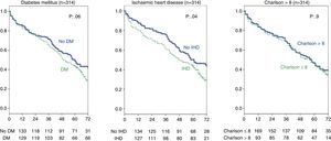 Influence of history of ischaemic heart disease, diabetes mellitus, and Charlson index on survival. Full group (314 patients).