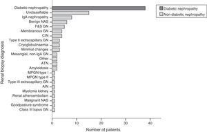 Diagnoses from renal biopsy: distribution of the number of patients according to diagnosis in renal biopsy. F&S: focal and segmental; GN: glomerulonephritis; MPGN: membranoproliferative glomerulonephritis; NAS: nephroangiosclerosis; AIN: acute interstitial nephritis; CIN: chronic interstitial nephritis; ATN: acute tubular necrosis.