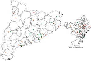 Geographic location of haemodialysis (HD), peritoneal dialysis (PD) and renal transplantation (RT) centres in Catalonia.