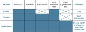 Systematics for physical examination of arteriovenous fistula according to examiner and frequency. The different aspects of physical exploration that should be performed by each examiner are highlighted in blue. Modified from reference 302.