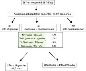Frequency of visits to the emergency room and hospitalizations: number of patients and time of bed occupation.