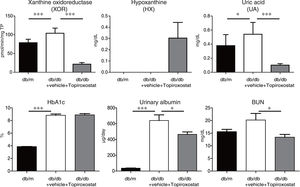The effect of topiroxostat on albuminuria in db/db mice. Plasma XOR activity and plasma UA level were increased in db/db mice, and topiroxostat treatment suppressed the plasma XOR activity and reduced plasma UA level in db/db mice. Topiroxostat treatment promoted the serum level of HX (upper panel). Serum Hb1Ac level and the amount of urinary albumin excretion were clearly increased in db/db mice. Topiroxostat treatment did not affect HbA1c level, while the treatment reduced the amount of urinary albumin excretion in db/db mice (lower panel). Data are shown as mean±SD. *P<0.05, **P<0.01, ***P<0.001.
