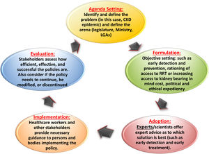 Policy cycle involving 5 stages of policy development. CKD, chronic kidney disease; KRT, kidney replacement therapy; LGA, local government area.