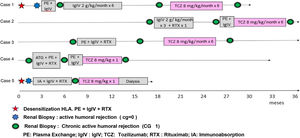 Diagnosis scheme for CAMR and treatment. The graph describes the follow-up of the patients included in the study since the diagnosis of CAMR. The treatments performed prior to the inclusion in the study and the time and duration of TCZ treatment are described.