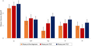 Histology of the biopsies, before the treatment with TCZ and after treatment with TCZ. cg:Chronic glomerulopathy; IC: interstitial fibrosis; cpt: peritubular capillaritis; ct: tubular atrophy; g: glomerulitis; i: interstitial inflammation; t: tubulitis.