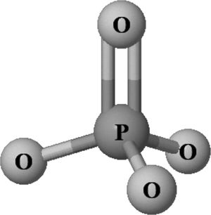 Molecular structure of the phosphate anion (esters of phosphoric acid): composed of a phosphorus atom and oxygen atoms in a tetrahedral shape. Made with the JSME Molecular Editor (http://biomodel.uah.es/en/DIY/JSME/draw.en.htm).