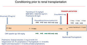 The most widespread form of desensitization. Rituximab commences 31 days before the planned date for transplantation. From 7 to 14 days before transplantation the patient is admitted to hospital and PPHS or IA commences until the crossmatch is negative. 100mg/kg of CMV specific Igs is infused after each session of PPHS/IA. Immunosuppression also commences with tacrolimus, mycophenolic acid derivates and prednisone. Prophylaxis is given after transplantation, with valganciclovir, septrin, itraconazole or inhaled amphotericin. Basiliximab or thymoglobulin is given for induction, and PPHS takes place on days +3,+5 and +8. (Ref: 614).
