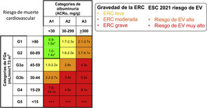 Equivalence between chronic kidney disease (CKD) severity and vascular disease (VD) risk classes defined by the European Society of Cardiology (ESC) in its 2021 guidelines for the prevention of VD. Cell numbers represent the risk of vascular death according to KDIGO. Modified from references Ortiz et al.,4,5 using additional information from KDIGO.7 * Risk is >1.1 when ACRo has values between 10 and 29 mg/g.