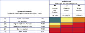 Risk related to chronic kidney disease according to glomerular filtration rate and albuminuria categories (expressed as albumin/creatinine ratio). Areas in green, baseline risk (no kidney disease if no other defining markers are present); areas in yellow, moderate risk; areas in orange, high risk; areas in red, very high risk. Kidney Disease: Improving Global Outcomes (KDIGO) guidelines on chronic kidney disease.