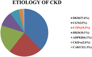 Frequency of distribution of aetiology of CKD (DKD–diabetic kidney disease, CGN–chronic glomerulonephritis, CTIN–chronic tubule-interstitial nephritis, HKD–hypertensive kidney disease, ADPKD–autosomal dominant polycystic kidney disease, CKD-u–CKD of unknown aetiology, CAKUT–congenital Anomalies of kidney & Urinary Tract).