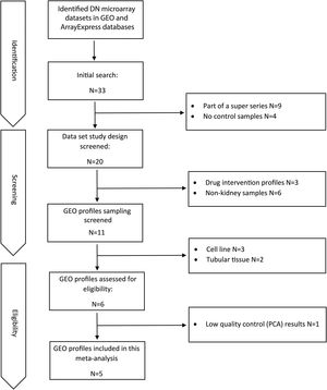 Flow diagram of microarray data selection. Identification, screening, eligibility extraction and inclusion steps in the process of data set selection are shown in this flow diagram.