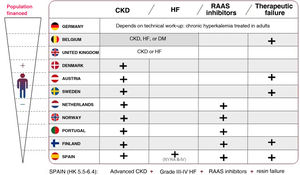 Financing of patiromer in European Union countries. CKD, chronic kidney disease; HF, heart failure; HK, chronic hyperkalemia; DM, diabetes mellitus; RAAS inhibitors, renin angiotensin aldosterone system inhibitors; NYHA, New York Heart Association.