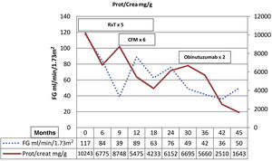 Evolution of the estimated glomerular filtration rate (dashed line) and the protein/creatinine ratio (solid line).