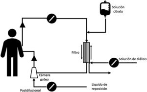 Diagram of online HDF with post-dilution replacement and use of predialysis citrate.