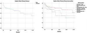Kaplan–Meier curves of primary patency and primary patency by location.