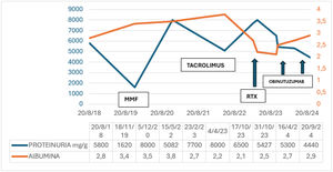 Chronological evolution of proteinuria and treatment.