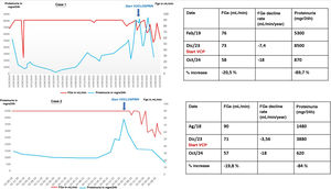 Evolution of renal function and proteinuria. eGFR: estimated glomerular filtration rate; VCP: voclosporin. Evolution of renal function and proteinuria. eGFR: estimated glomerular filtration rate; VCP: voclosporin.
