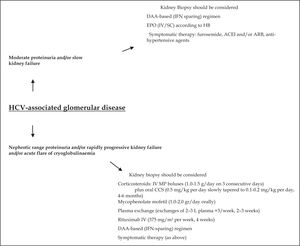 Algorithm-based treatment of HCV-associated glomerular disease. ACEI: angiotensin-converting enzyme inhibitor; ARB: angiotensin-receptor blocker; CCS: corticosteroid; DAAs: direct-acting antiviral agents; EPO: recombinant human erythropoietin; HB: haemoglobin; IV: intravenously; mcg: micrograms; MMF: mycophenolate mofetil; MP: methylprednisolone; peg-IFN: pegylated interferon; rIFN: recombinant interferon; SC: subcutaneously.