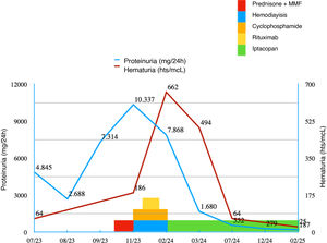 Changes in proteinuria and hematuria over time.