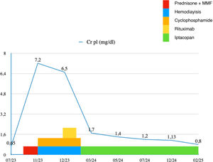 Changes in plasma creatinine (Cr pl) levels over time.