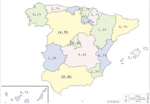 Geographical distribution of respondents in Spanish autonomous communities. This map illustrates the percentage of total survey responses originating in each autonomous community.