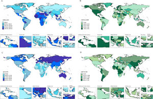 Global spatial distribution of age-standardized DALY rates (ASDR) (A) and their estimated annual percentage change (EAPC) (B), along with the quality of care index (QCI) (C) and its EAPC (D) for hypertension-attributable chronic kidney disease. ASDR, QCI and EAPC are color-coded by quintiles. Darker shades indicate higher ASDR or QCI.