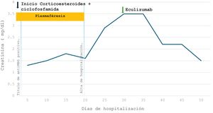 The image shows the clinical course of the patient in case 2 during hospitalization, the treatment received, and the changes in serum creatinine. Throughout hospitalization, the patient received a cycle of corticosteroids, cyclophosphamide, and finally eculizumab. A clear decrease in serum creatinine can be observed following eculizumab administration.