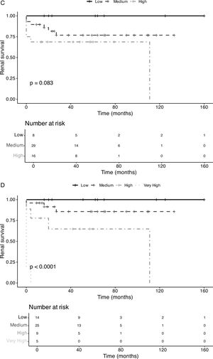 Kaplan–Meier renal survival curves of Berden histological classification (A), Mayo Clinic Chronicity Score (B), Renal Risk Score (C) and Improved Kidney Risk Score (D).