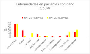 Diseases in patients with tubular damage. A1Mcr: alpha-1-microglobulin adjusted for creatinine in first morning urine; pKFLCE: elevated polyclonal kappa free light chains adjusted for creatinine in first morning urine; pKFLCN: normal polyclonal kappa free light chains adjusted for creatinine in first morning urine; DM: diabetes mellitus; EA1MG: group with elevated A1Mcr in first morning urine; NA1MG: group with normal A1Mcr in first morning urine; HTN: hypertension; Tx: transplant.