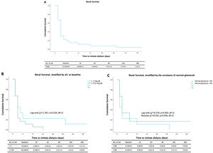 Kaplan–Meier estimates of renal survival in patients with anti-GBM disease (A), stratified according to baseline serum creatinine (B) and the presence of normal glomeruli on kidney biopsy (C). Results of univariate analyses using the log-rank test are shown for each variable. Renal recovery occurred in 5 patients (median time to dialysis independence, 34 days [IQR 25–64]). Abbreviations: IQR, interquartile range; sCR, serum creatinine.